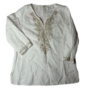 Symple Womens S 100% Linen Top White Embroidered Lagenlook Casual Coastal Resort